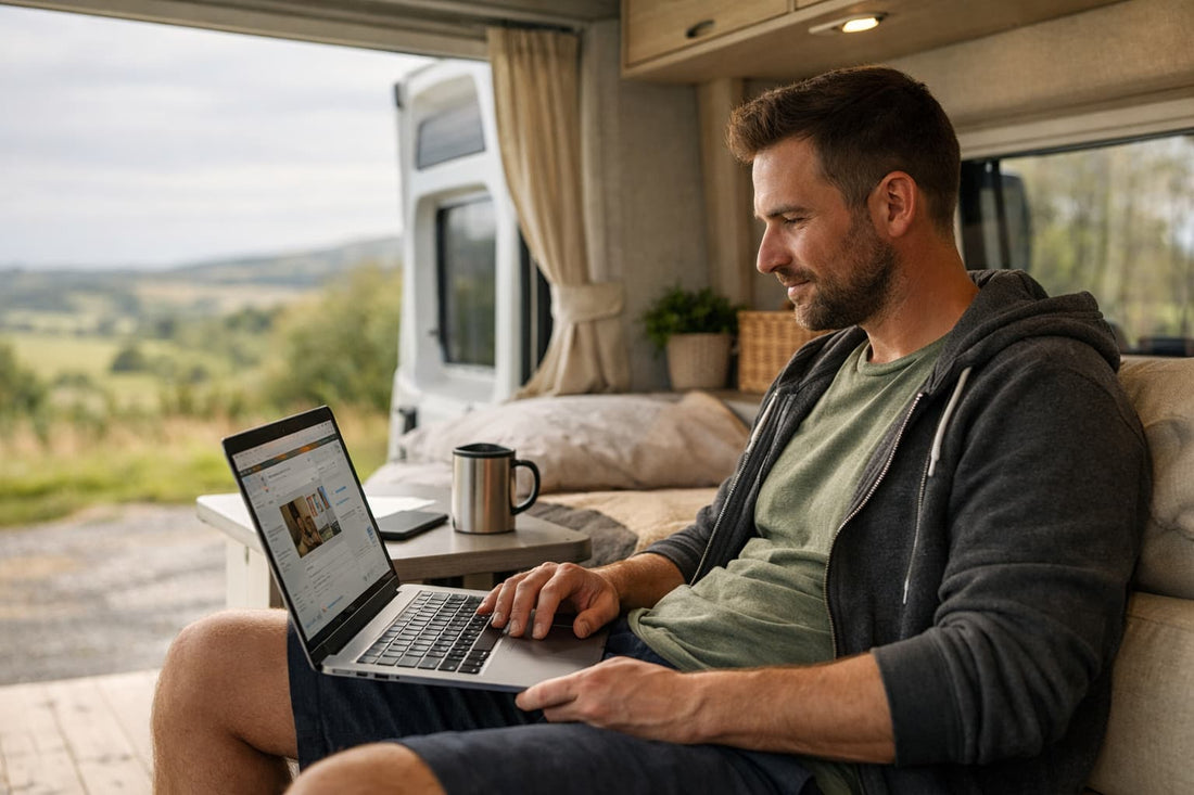 Man who lives off grid in vanlife ordering supplies online in the back of his off grid van