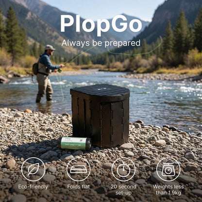 PlopGo portable stool with camping gear by a river with mountains in the background