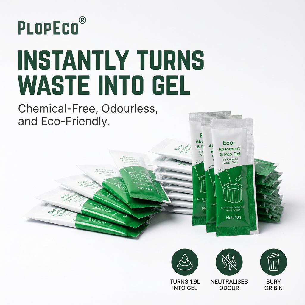 PlopEco eco-absorbent and poo gel packets on a white background with text highlighting benefits.