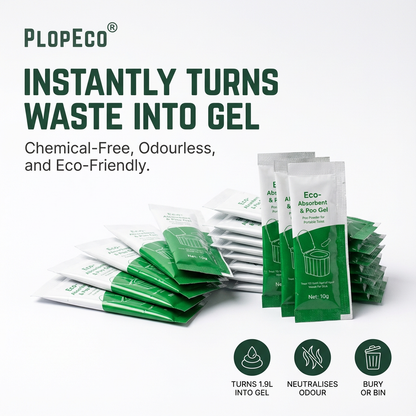 PlopEco eco-absorbent and poo gel packets on a white background with text highlighting benefits.
