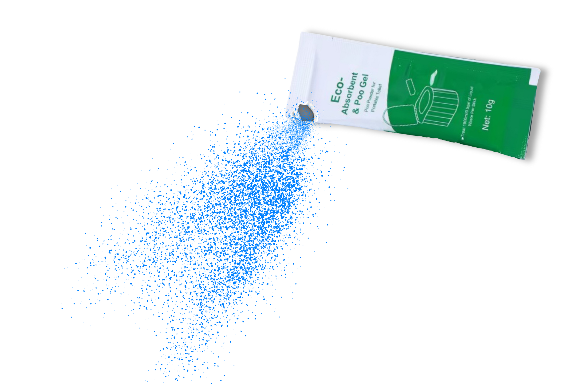 Green packet of Eco-friendly cleaning powder with blue powder scattering around on a white background