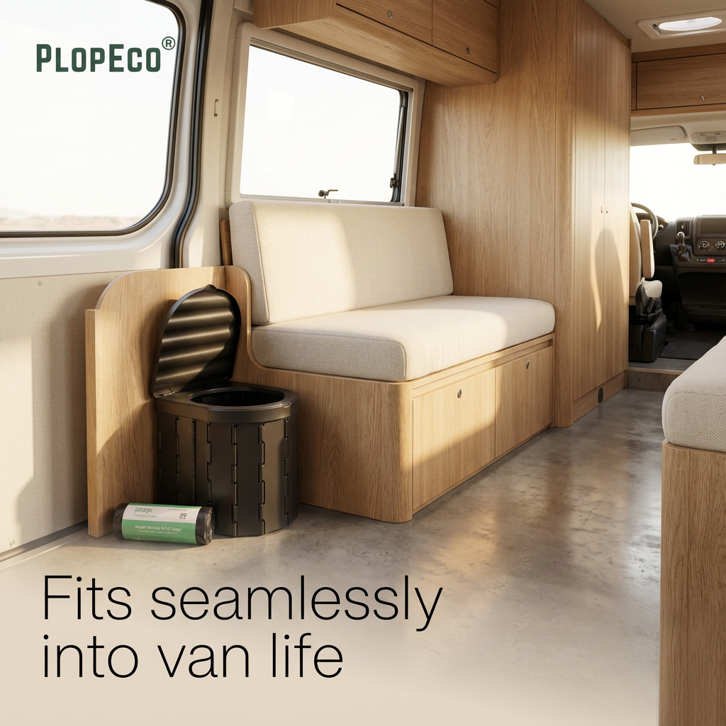 Interior of a van with wooden bench and PlopEco Go Toilet , featuring Plopeco branding.