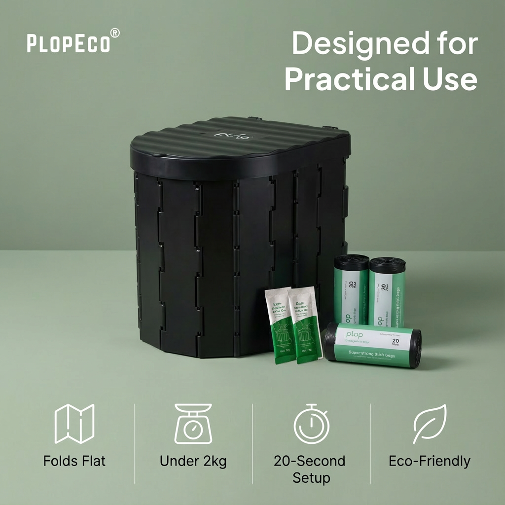 Black plopeco Go Toilet Kit with green packaging PlopEco Biodegradable Toilet Bags on a light green background, featuring Plopeco branding.