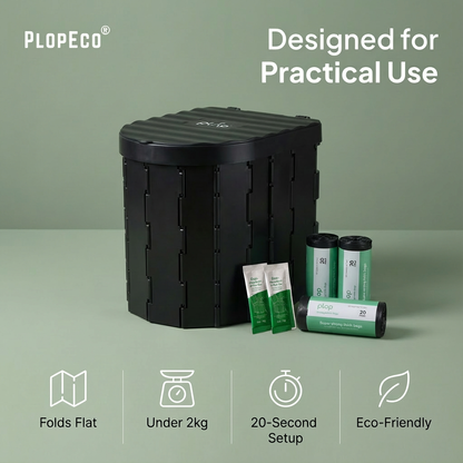 Black plopeco Go Toilet Kit with green packaging PlopEco Biodegradable Toilet Bags on a light green background, featuring Plopeco branding.