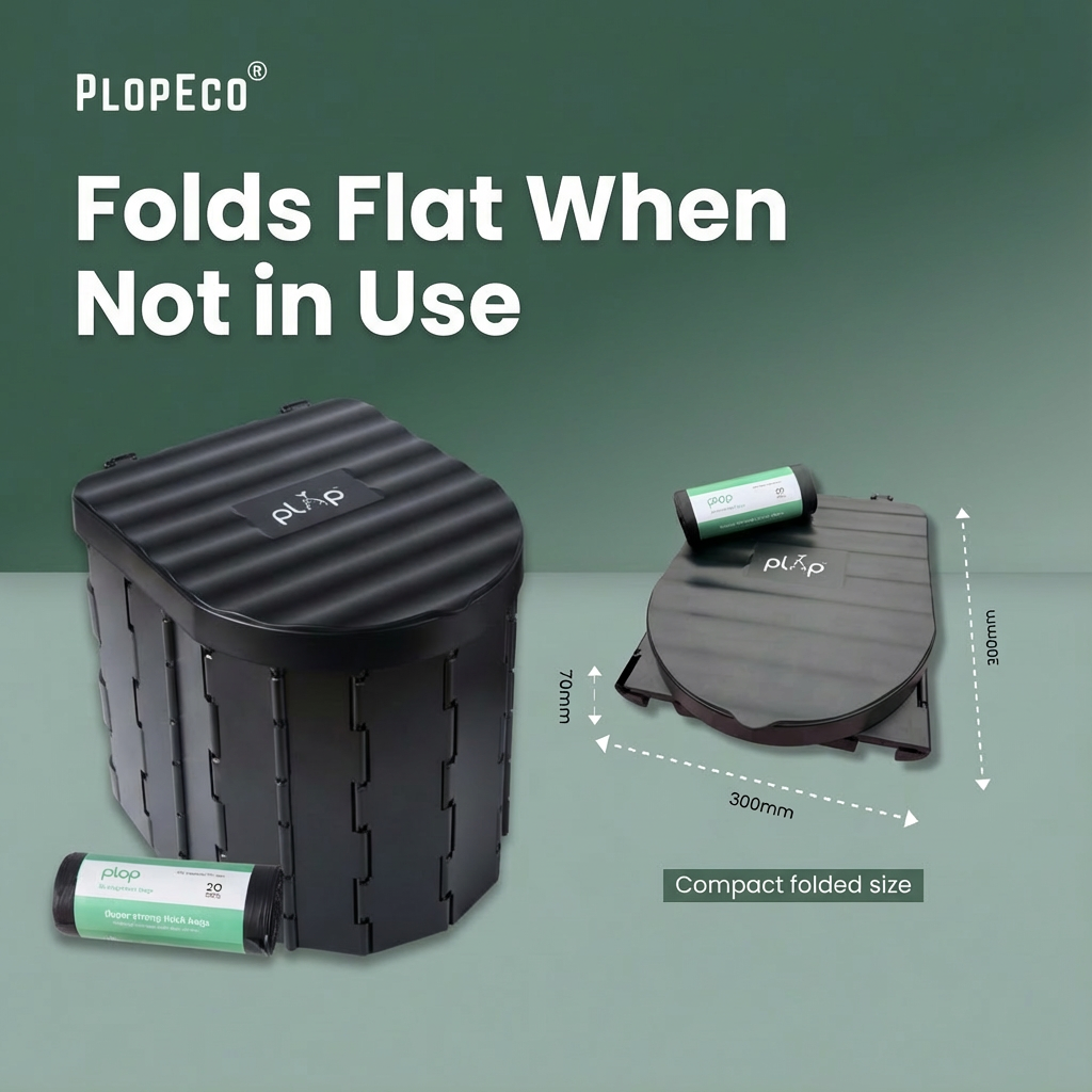PlopEco product showing compact and expanded sizes on a green background