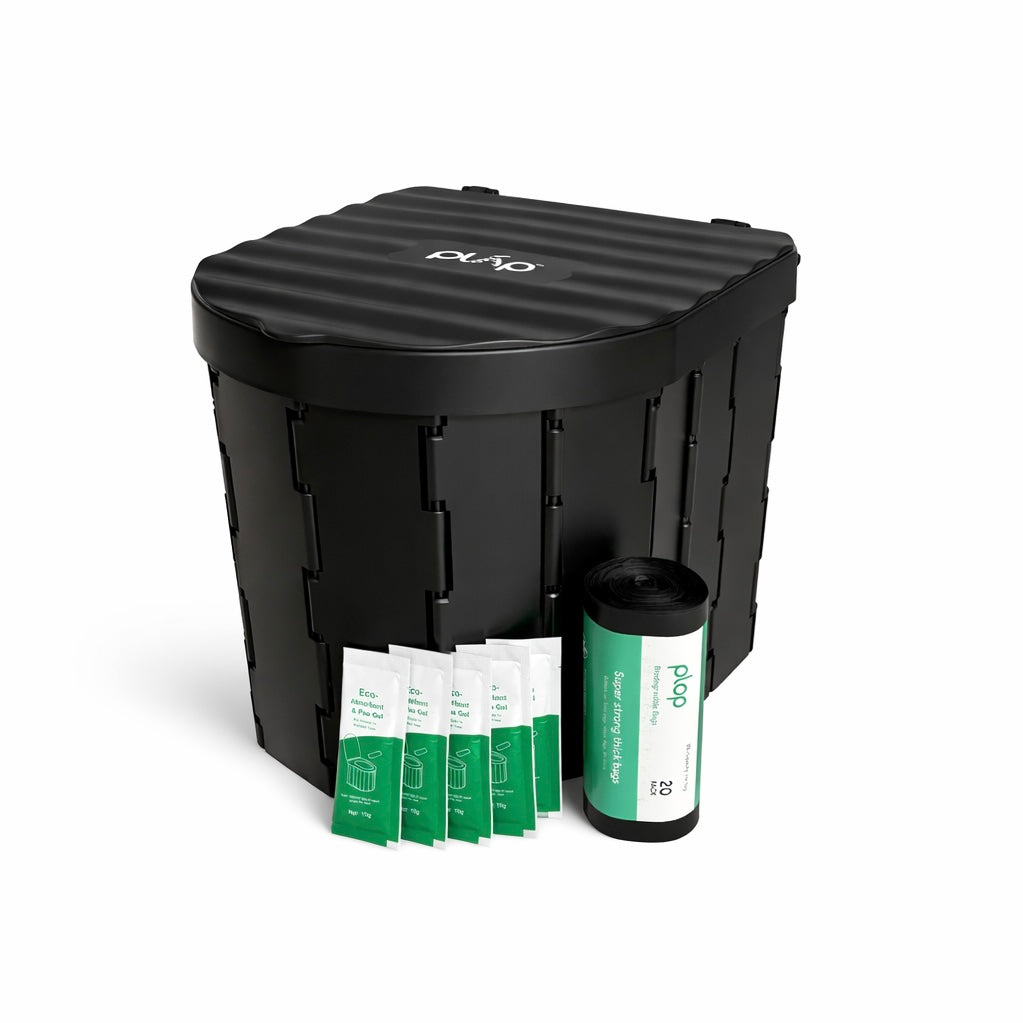 Black PlopGo Camping Toilet Kit with Toilet bags and Eco Friendly Toilet Gel