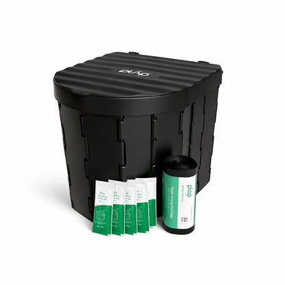 Black PlopGo Camping Toilet Kit with Toilet bags and Eco Friendly Toilet Gel