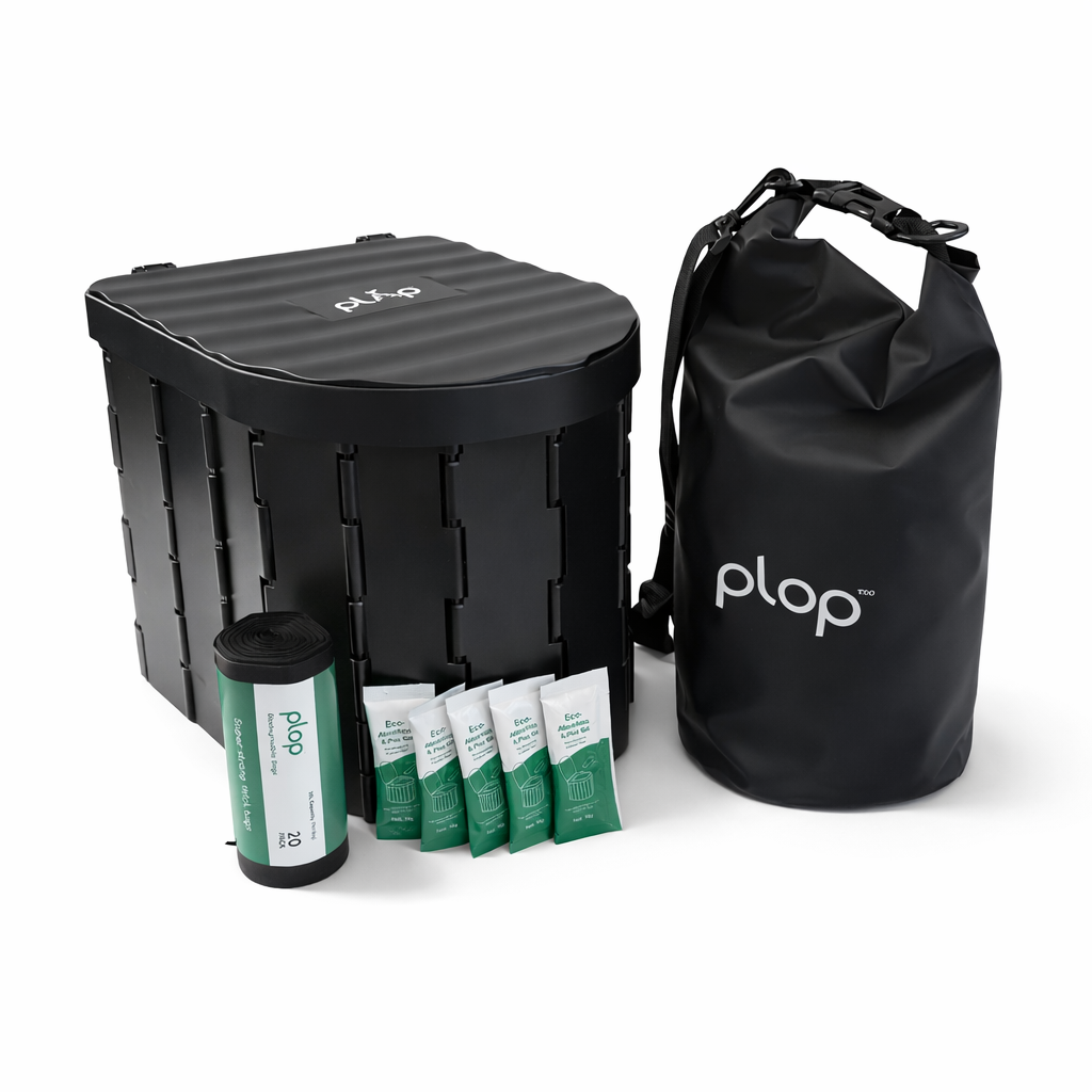 Black ploP toilet with plopgo 5ldry bag accessories on a white background