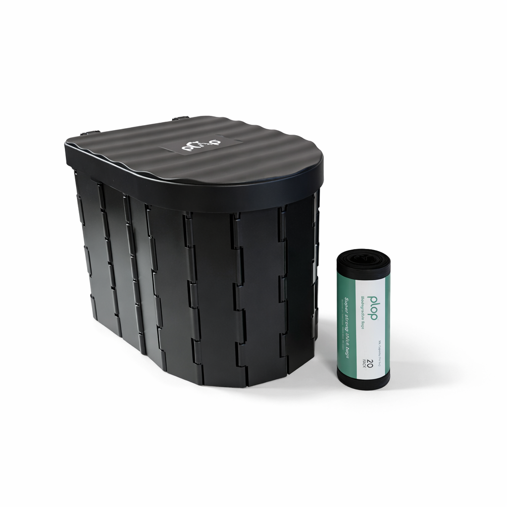 Black PlopEco Go Toilet with a smaller roll of 20 PlopEco Toilet Bags on a white background