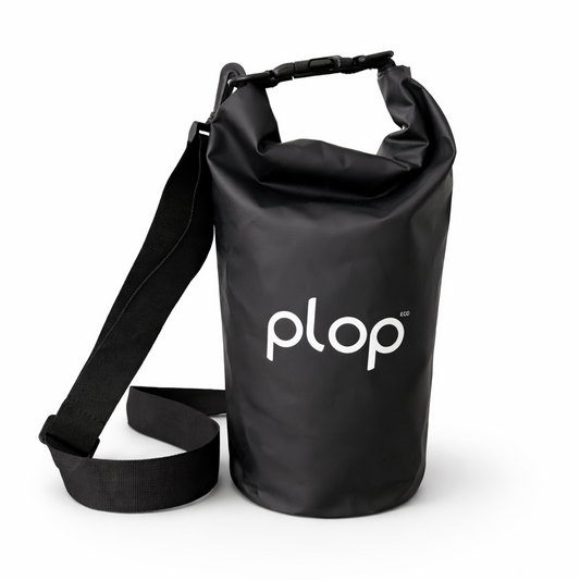 Black dry bag with 'plop' logo on a white background