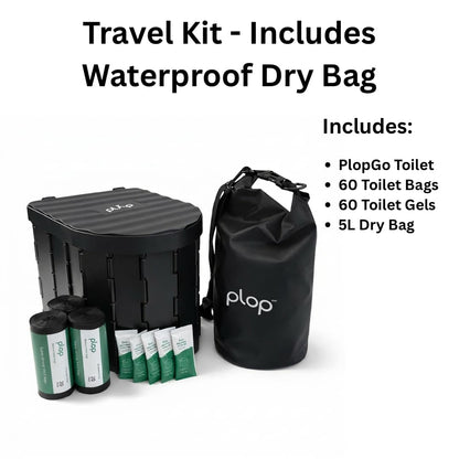 Travel kit with waterproof dry bag, toilet, and toiletries on a white background