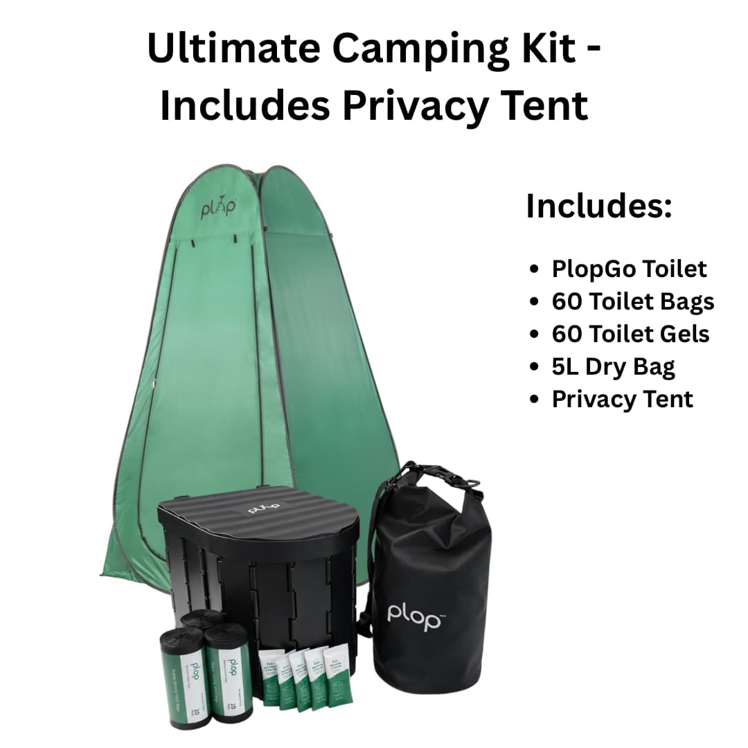 Ultimate camping kit with privacy tent, PlopGo toilet, and related items on a white background