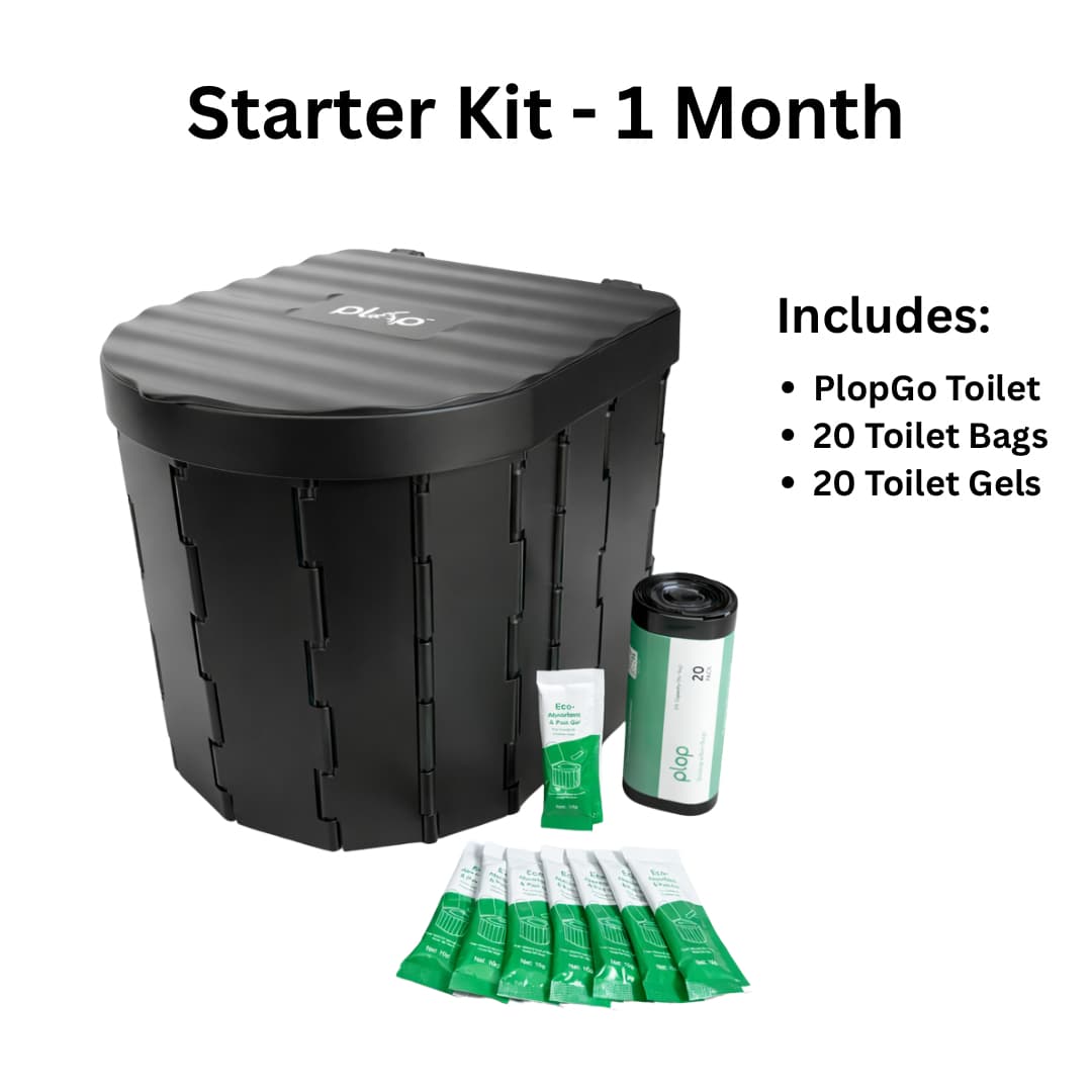 PlopGo starter kit with PlopGo toilet, toilet bags, and toilet gels on a white background