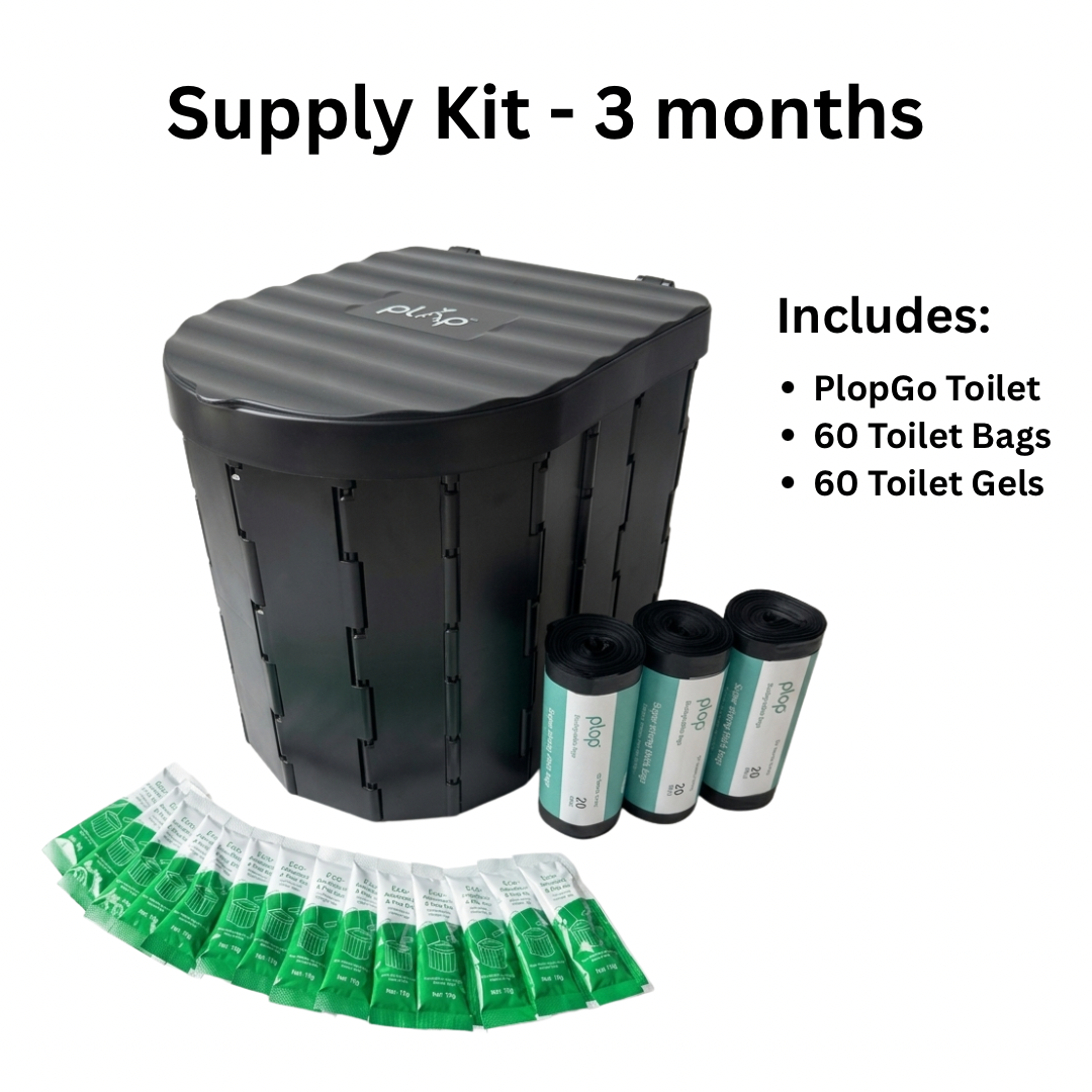 Plop supply kit with PlopGo toilet, toilet bags, and toilet gels on a white background