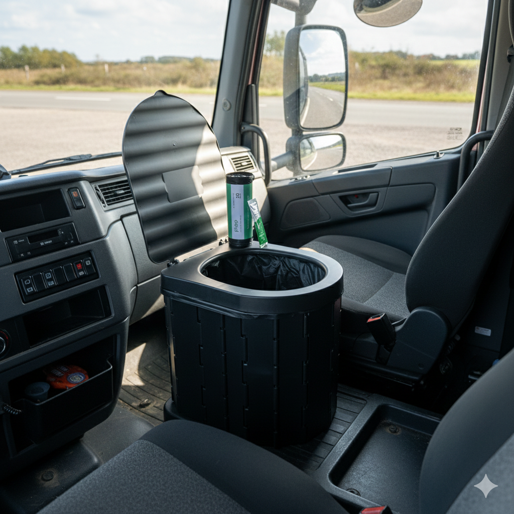 Car interior with a black plopeco toilet kit  on a road trip.